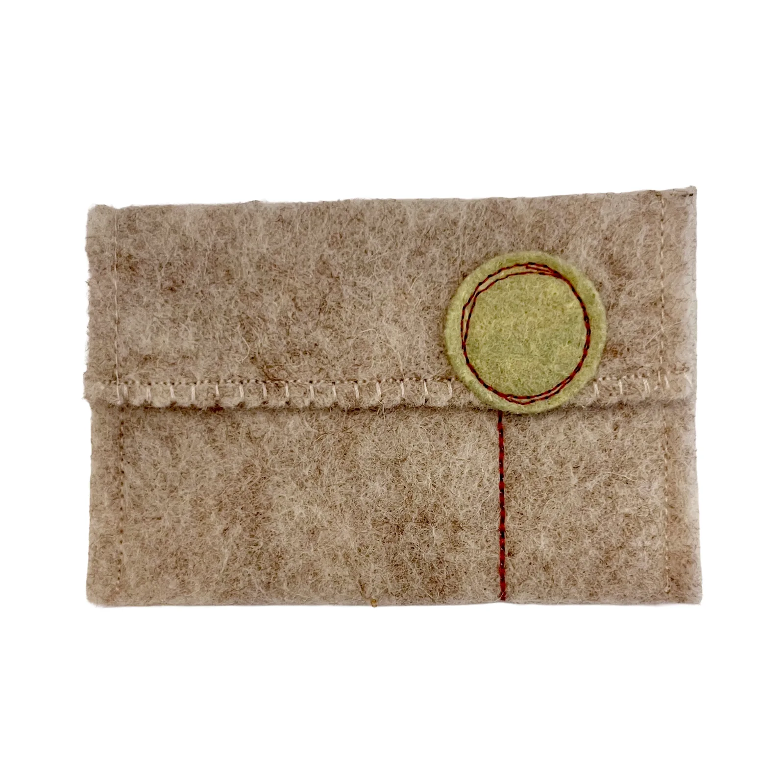 Beige felt pouch with a green button on a white background