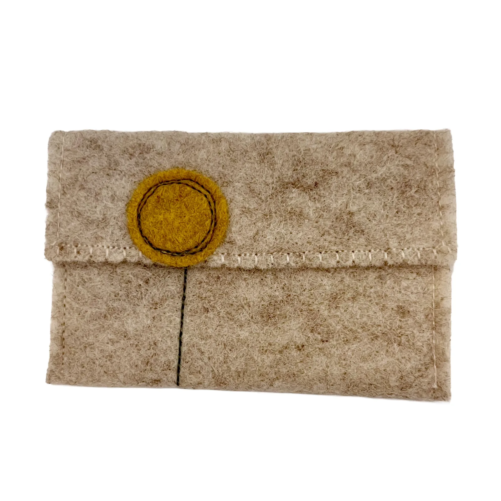 Beige felt pouch with a yellow circular accent on a white background