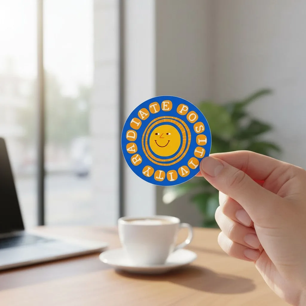 Be Kind Goods Radiate Positivity circular vinyl sticker with a yellow sun face design on a blue background.