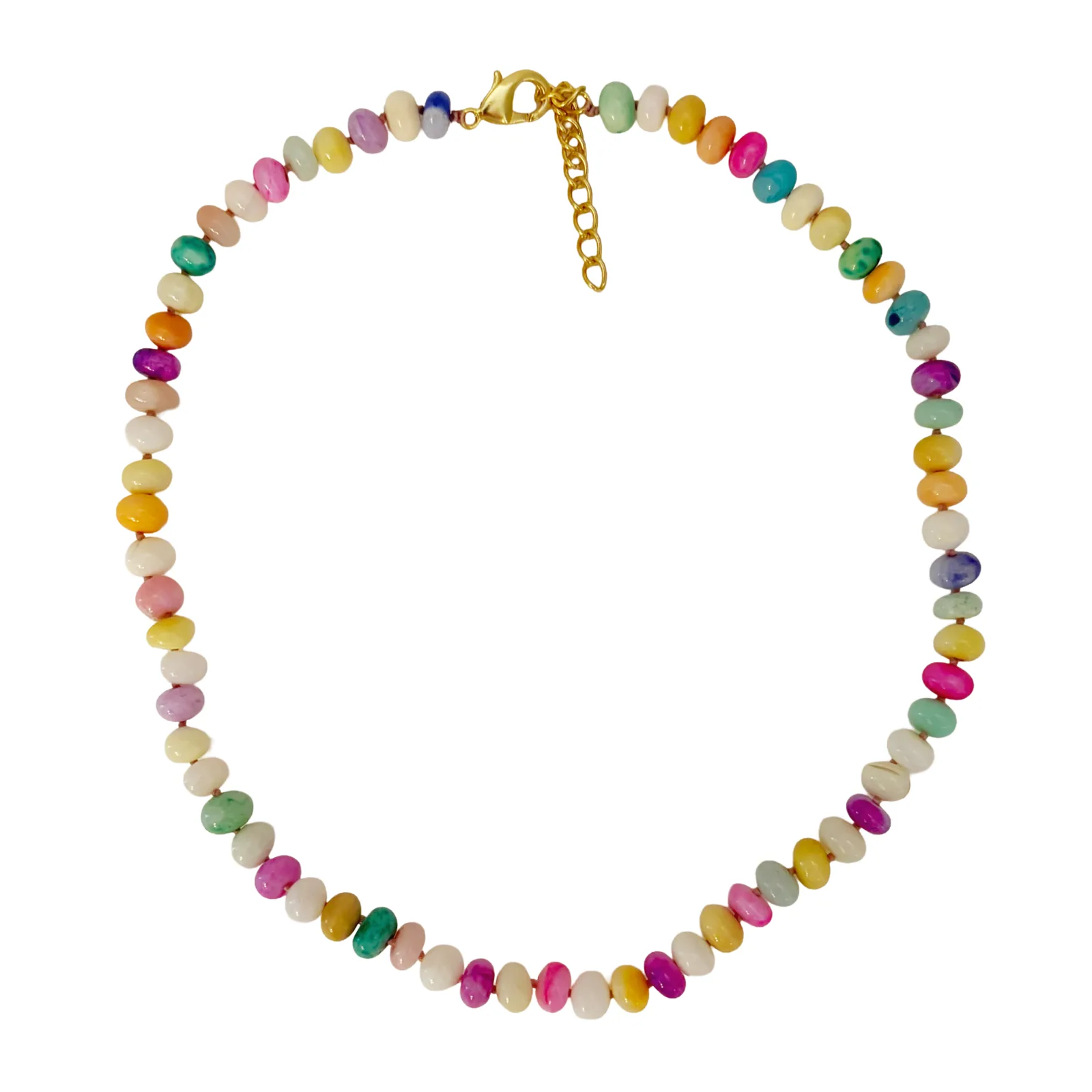 A multicolor beaded necklace with small, irregularly shaped stones in pink, yellow, green, blue, orange, and white, accented by a gold clasp and chain.