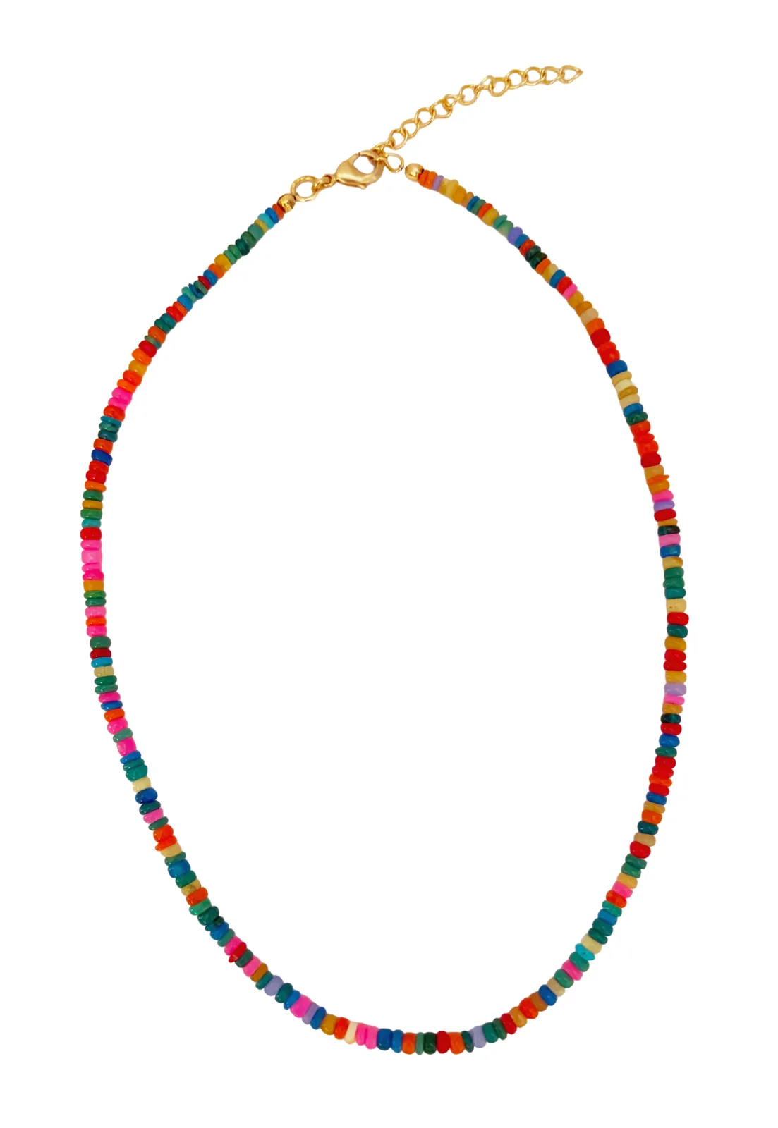 A beaded necklace made of small, colorful cylindrical beads in multiple bright colors, with a gold-tone clasp and extender chain, shown on a plain white background.