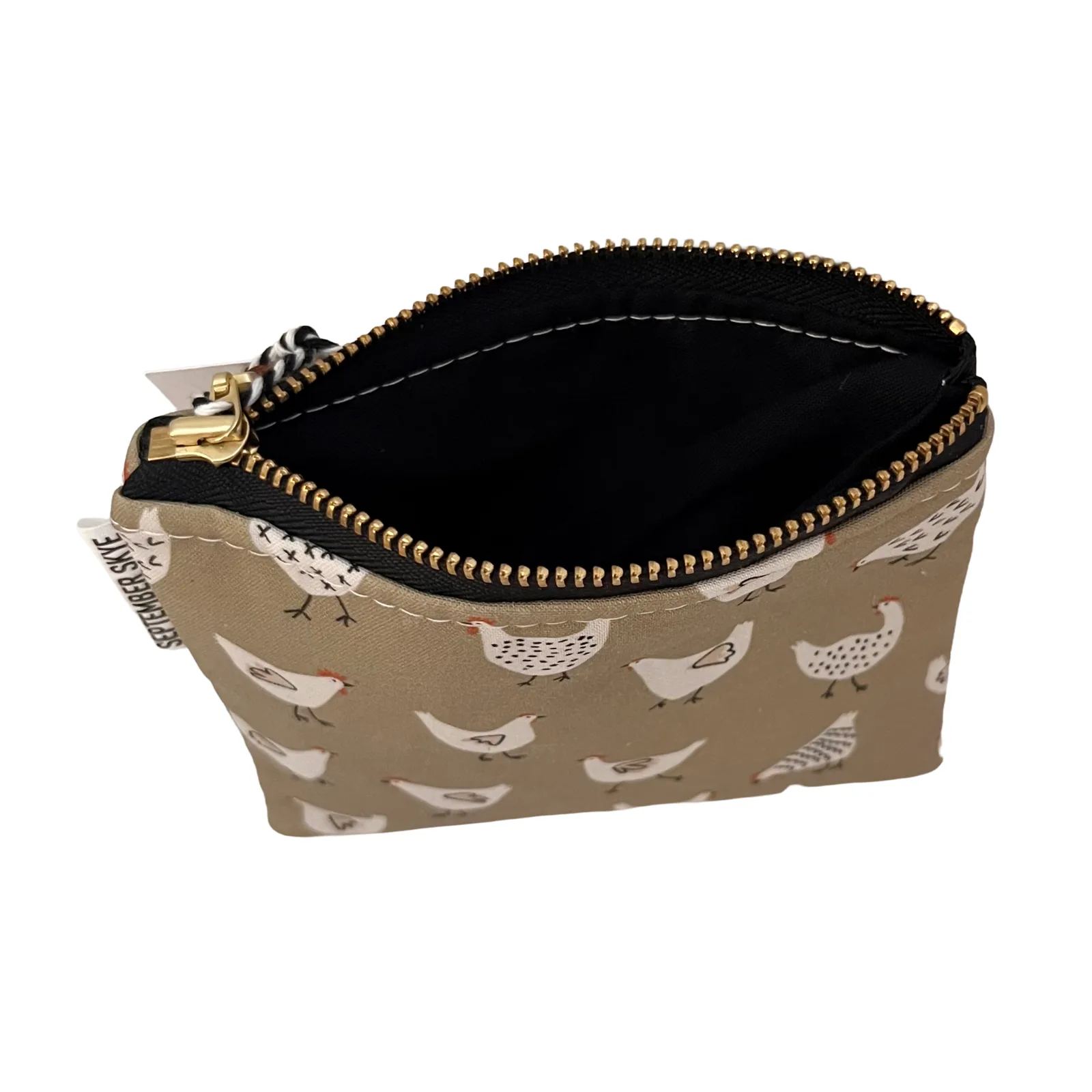 Small pouch with chicken pattern and gold zipper on a white background