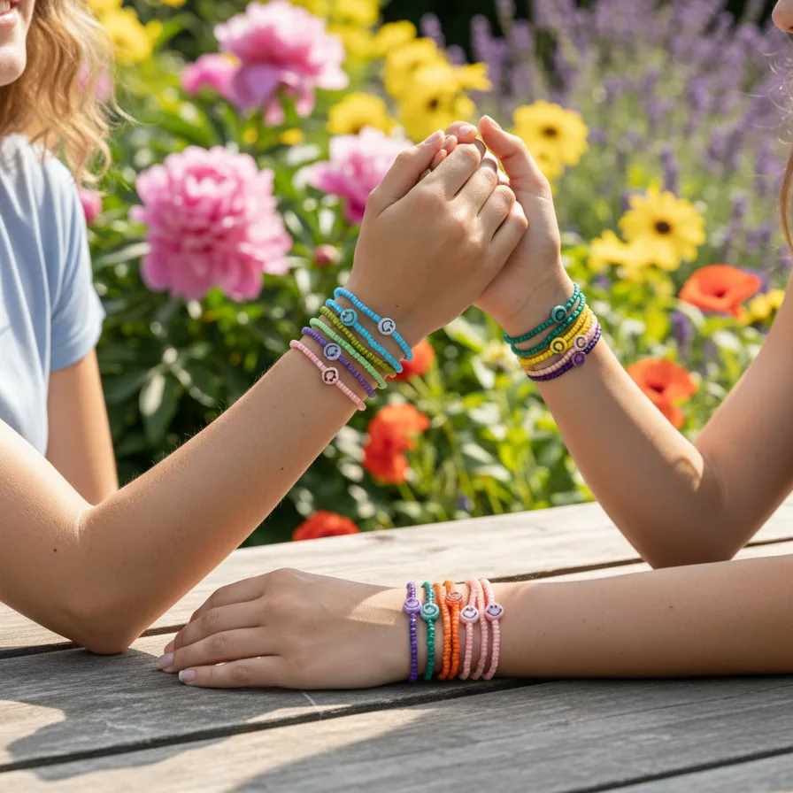 Two people holding hands with colorful bracelets against a floral background