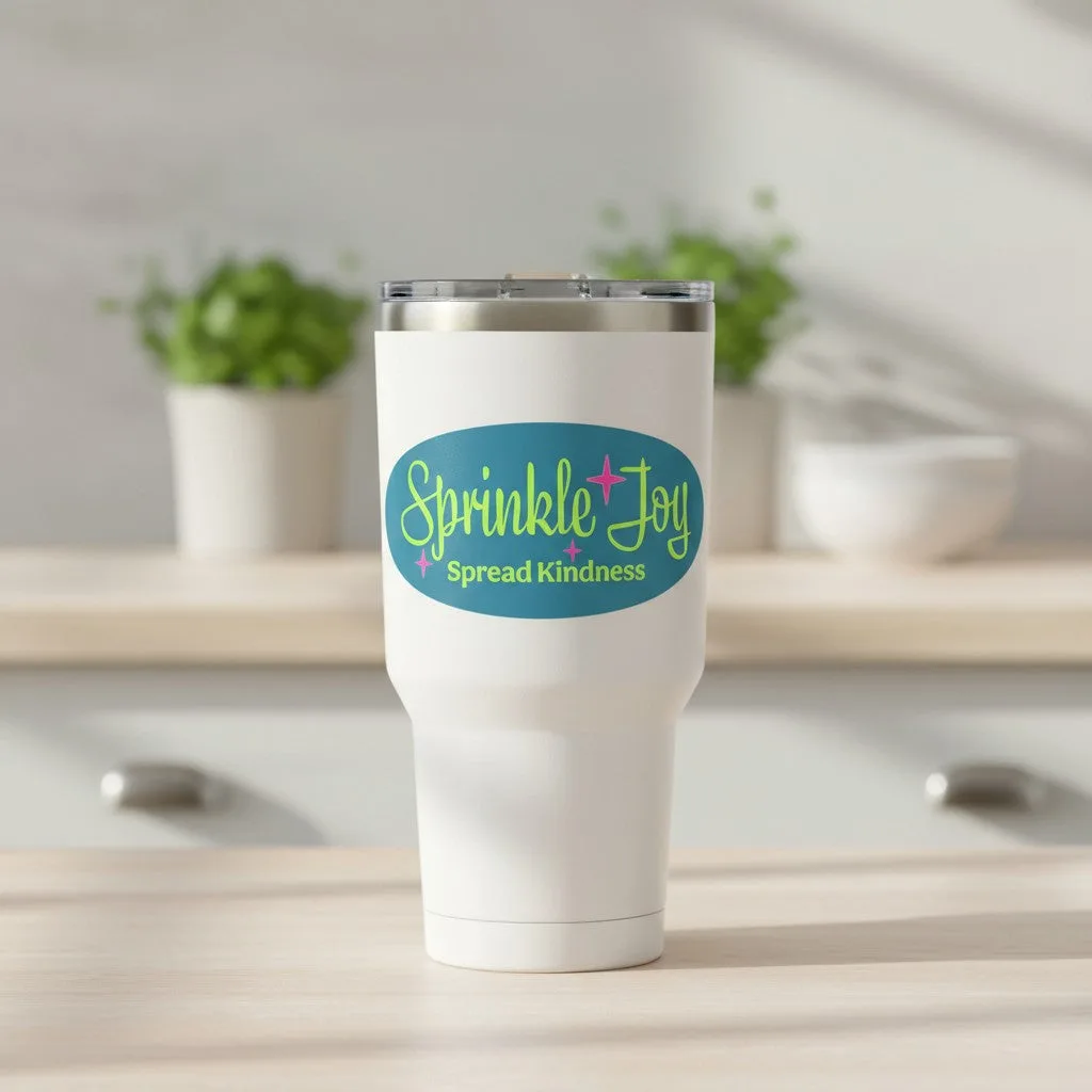 Be Kind Goods white stainless steel insulated tumbler featuring a blue oval Sprinkle Joy Spread Kindness sticker