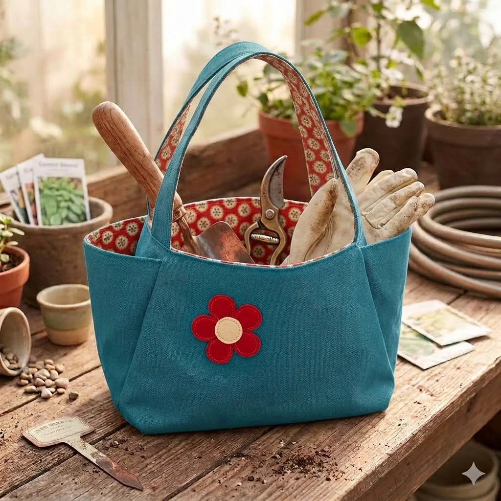 A teal fabric gardening tote bag with a red flower applique sits on a wooden table in a sunlit garden center. The bag contains gardening tools, including pruning shears, gloves, and a trowel, with potted plants and gardening props in the softly blurred background.