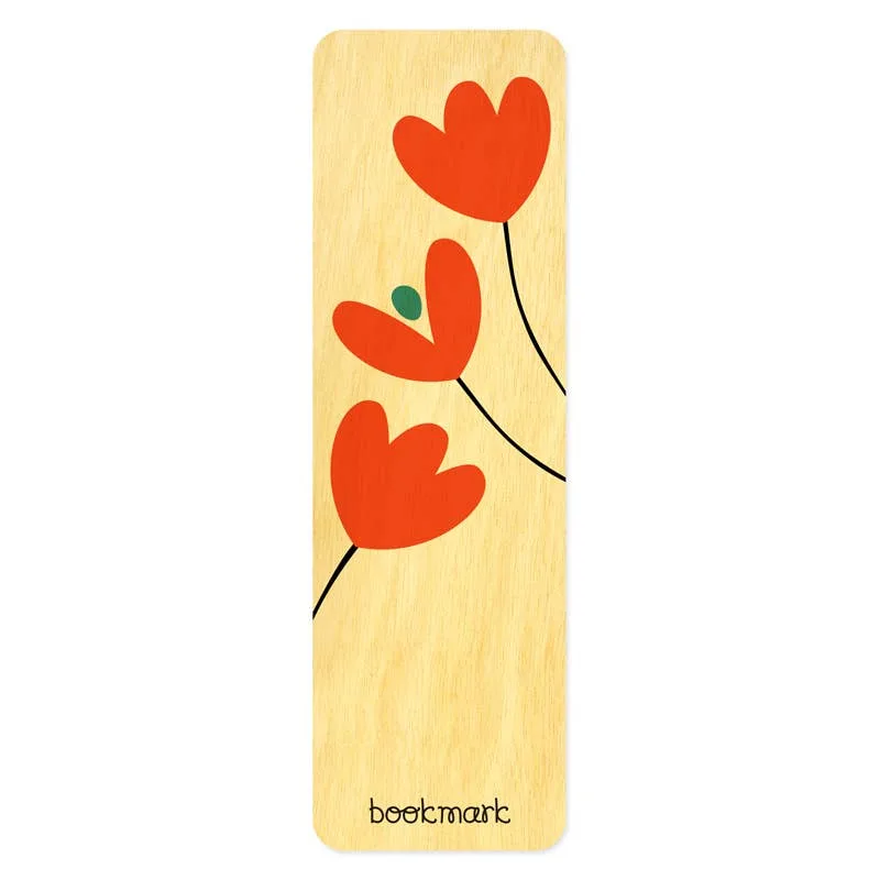 A rectangular wooden bookmark with rounded corners, featuring a light natural wood grain background decorated with three stylized red tulips and the brand name 'boetmart' printed in black at the bottom.