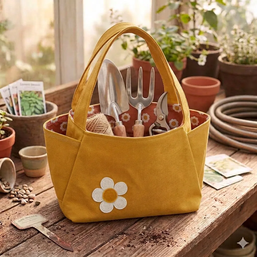A mustard yellow fabric garden tote bag with a white daisy applique on the front, filled with gardening tools including a trowel, fork, and pruning shears, set on a rustic wooden table in a garden nursery.
